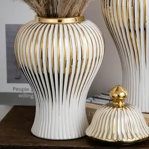 Classic Striped Cylinder Luxury Ceramic Vase, Elegant Floral Container for Home & Wedding Decor, Storage Jar for Living Room & Hotel Countertop