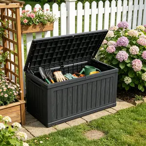 Large Outdoor Waterproof Resin Storage Bench - Lockable Black Deck Box for Patio Furniture, Outdoor Cushions, Garden Tools