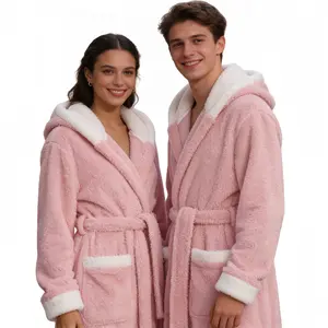 Elegant 250g Solid Color Robe Hooded Couple Style Womenswear Gowns Loungewear Nightwear Long Sleeve Basic Minimalist Vneck