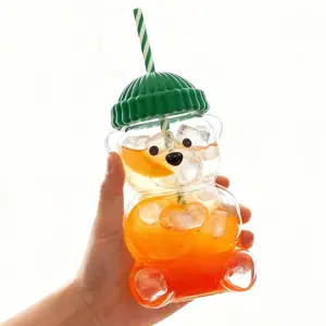 Cute Bear Cold Cup for 2026 Holiday Collection - Nostalgic 20oz Glass Mug with Striped Straw & Green Beanie Lid for Coffee, Beer, Wine, Cocktails - Perfect Christmas & Couples Gift for Kids