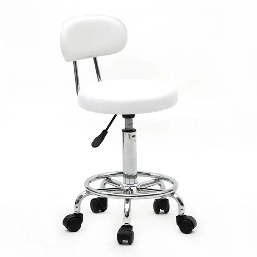 Adjustable Round Salon Stool with Backrest, PU Leather Seat, 360° Swivel, Anti-Slip Base, Rolling Design for Home, Office, Spa Use, White