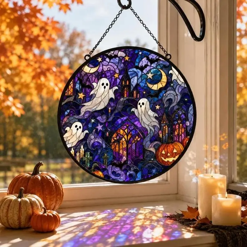 Halloween Ghost Stained Glass Suncatcher, Gothic Moon Pumpkin Window Hanging, Spooky Haunted Autumn Window Decor