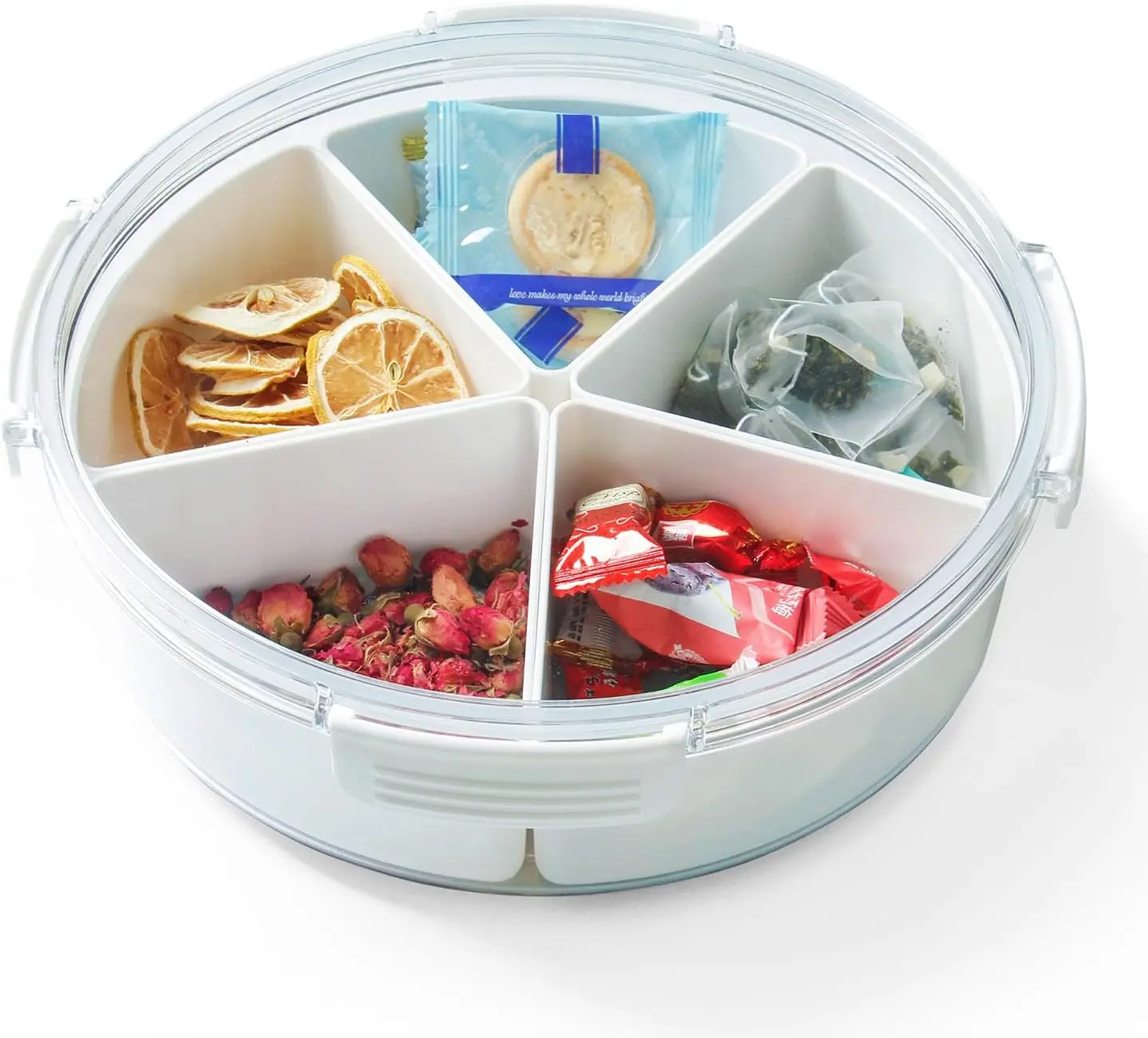 "SPECIAL PROMOTION" Divided Serving Tray with Lid, Includes 5 Divided Food Storage Containers, Snacks Candy Box, Fruits Tray,Party Platter (Clear, Round)