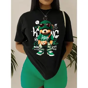 100% Polyester Women's Casual Bear Graphic T-Shirt |   Crew Neck Short Sleeve Top, Regular Length, Alphabet Pattern, All Season Wear