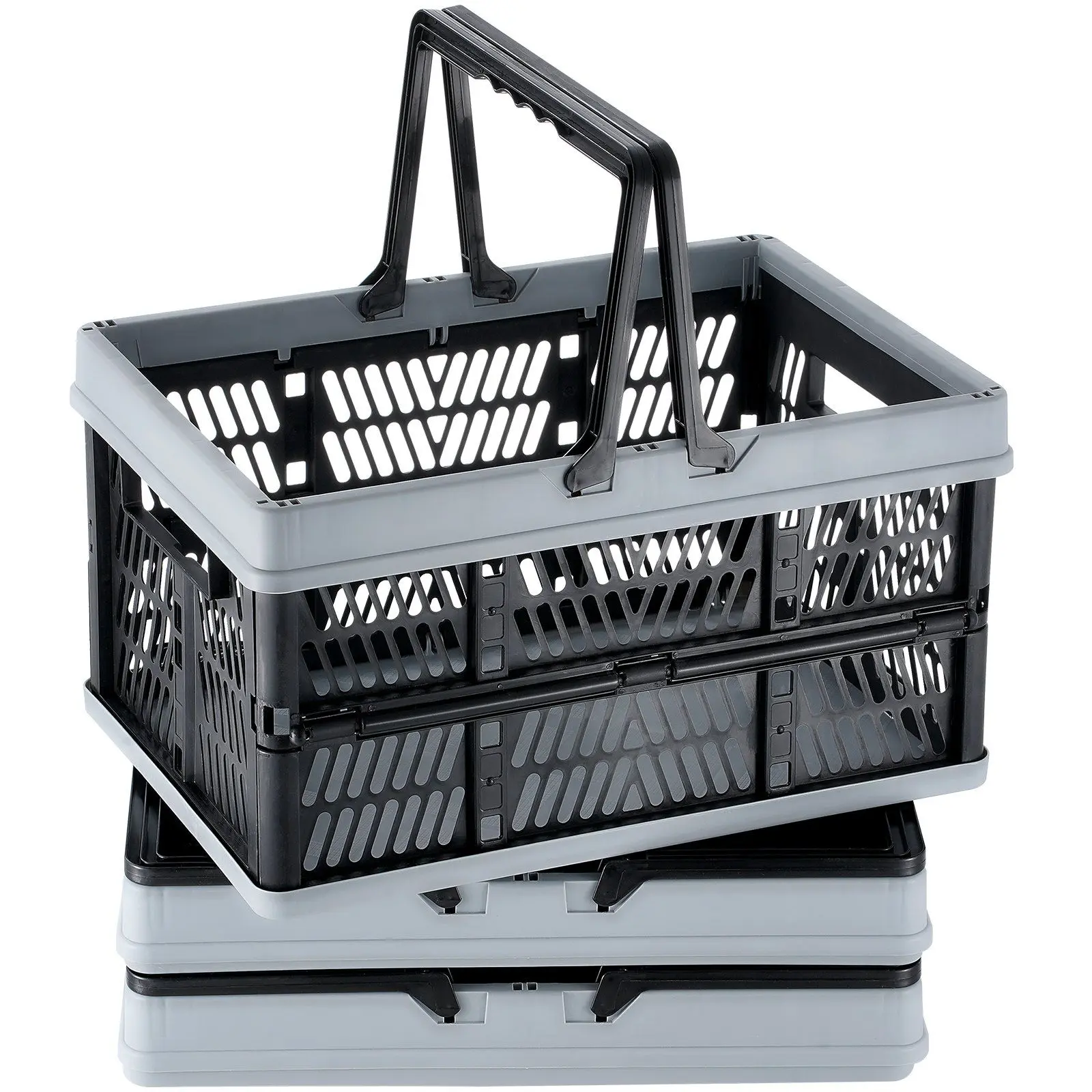 VEVOR Collapsible Shopping Basket, 3 Pack, 25L Plastic Foldable Storage Crate with Handle, Grocery Fruit Vegetable Shopping Basket Folding Storage Container for Supermarket Retail Shopping, Black Organiser Smooth