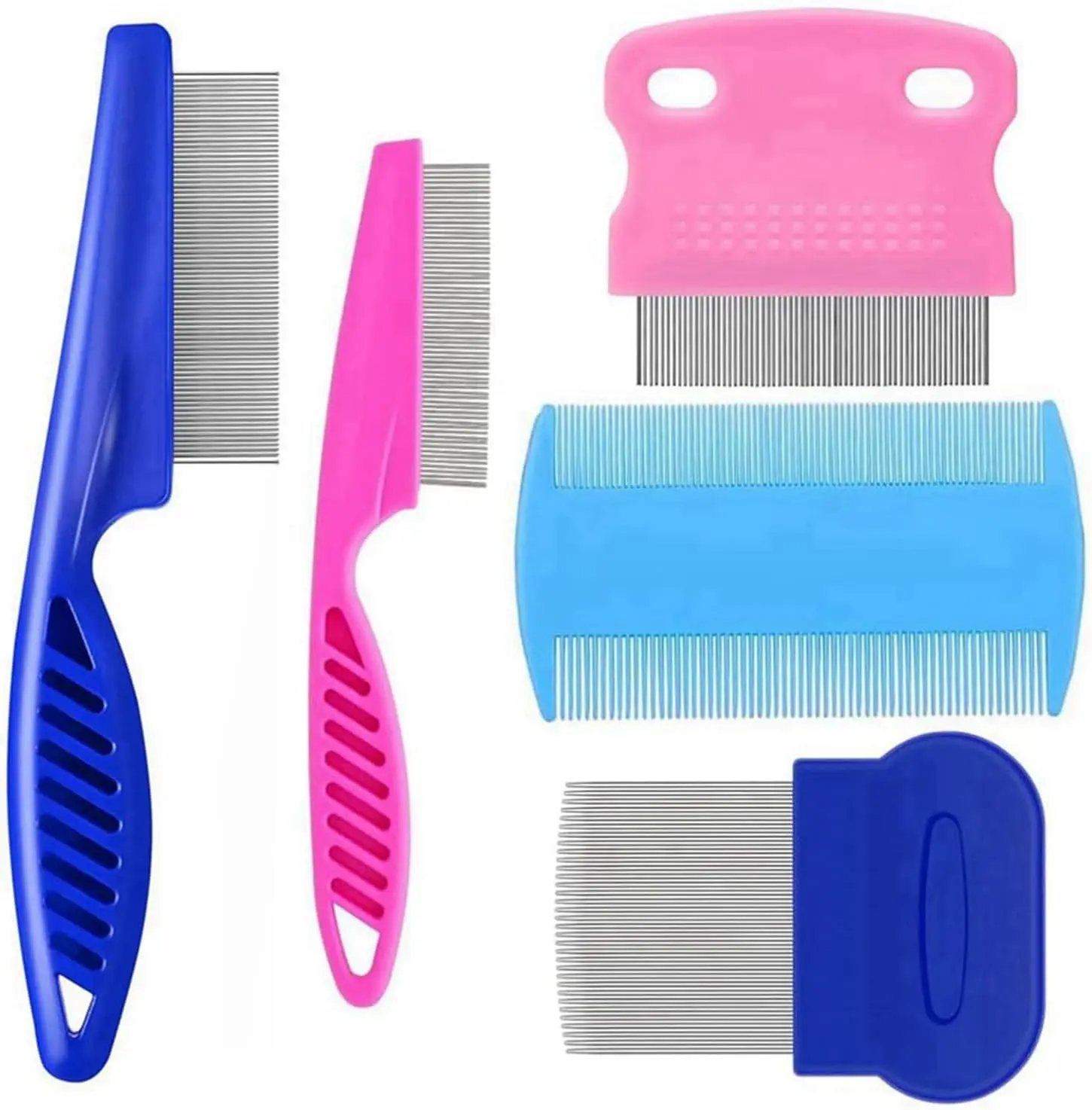 5-Pack Stainless Steel Pet Flea & Lice Combs - Round Teeth, 2-Tooth Double-Sided Design, Tear Stain Remover, Dematting Tool, Easy Clean, Boosts Blood Circulation, Gentle on Sensitive Skin & Areas, Safe for Eyes, for Small Dogs & Cats (5-Pack Sets)