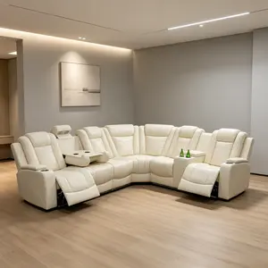 Premium Functional Sofa Set, classic off-white breathing leather, practical reclining feature. Plush cushions and sleek silhouette, combining comfort and high-end aesthetic.