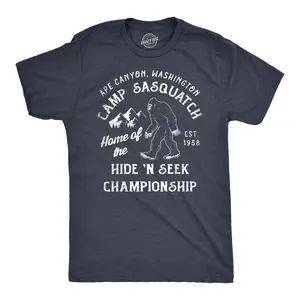 Mens Camp Sasquatch Home of The Hide and Seek Championship T Shirt Funny Bigfoot Joke Tee for Guys Mens Funny T Shirts Cool Vintage Fashion T-Shirt Gift Classic Menswear Funny Camping Short Sleeve Novelty Tees Navy -
