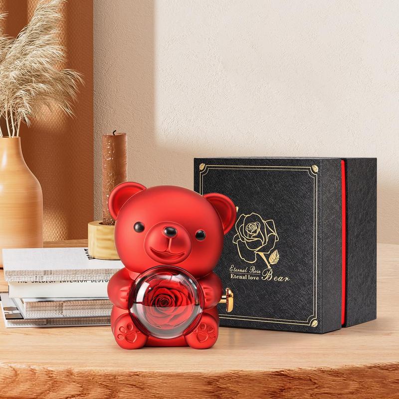 Cute Teddy Bear with Preserved Rose - A Real Rose Flower in Bear with Elegant  Box - Romantic  for Her in Mother's Day, Weddings, Anniversaries, and Bridal Showers (Red)