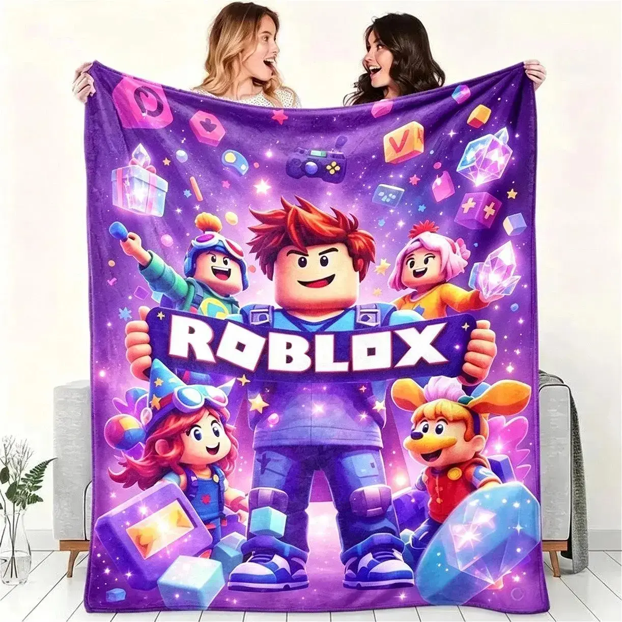 Roblox Gaming Flannel Blanket for Kids & Adults, Soft Breathable Block Design Cozy Throw Blanket, Ultra Warm Fleece Blanket for Bed Couch Sofa Game Room Dorm Decor, Gamer Birthday Graduation Christmas Holiday Gift for Boys Girls