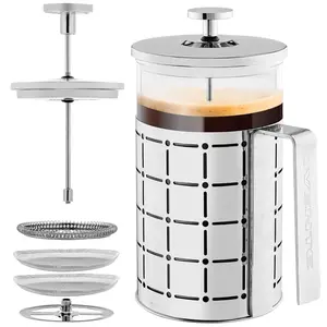French Press Coffee Maker 27 Ounce with Heat Resistant Borosilicate, Stainless and 4-System, Cold Brewer Pot for Travel, Camping or Gift, Silver FSS27P