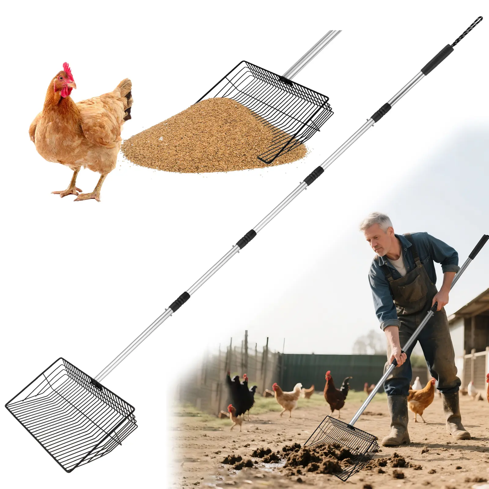 Chicken Poop Scooper for Sand – 10" Sifting Litter Scoop With 4-stage Adjustable Handle (36"–67"), Ideal for Chicken Coop Cleaning & Poultry Waste