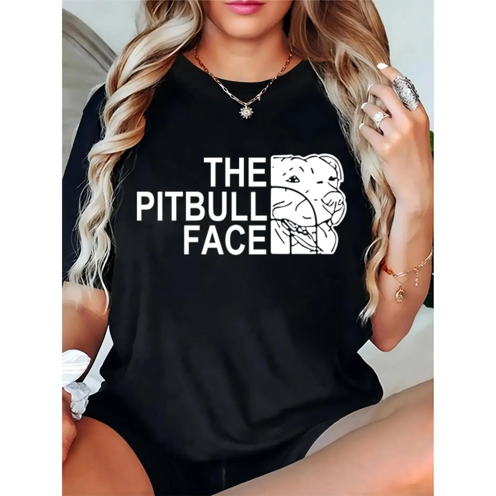Women's Pitbull Face Graphic T-Shirt, Casual 100% Cotton Short Sleeve Basic Tee with a Regular Fit, Ideal for Dog Lovers & Daily Wear, Comfortable, Essential, Elegant, Prints, Ladies, Feminine, Round Neck, Simple, Top, Breathable Fabric, Shortsleeve, Tops