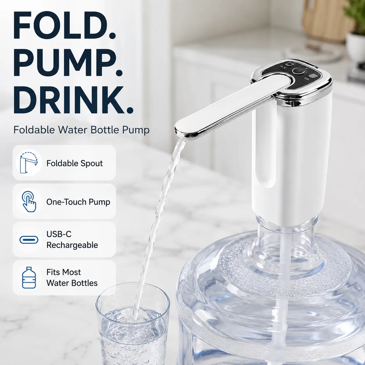 Foldable Spout Water Dispenser Pump, USB Rechargeable Electric Water Bottle Pump with One Touch Control, 5 Gallon Water Jug Pump for Home, Office, RV & Camping