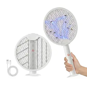 Portable Foldable Electric Fly Swatter Racket - 2 in 1 Smart Bug Zapper with USB Rechargeable Base Motor for Efficient Operation 3-layer Mesh USB Cable for Indoor and Outdoor Use Household Items Appliances Mosquito Trap Mosquito Repellent