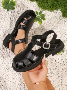 Women's Hollow Out Open Toe Sandals, Rhinestone Buckle Thick Sole Design, Comfortable Casual Shoes for Summer & Daily Wear