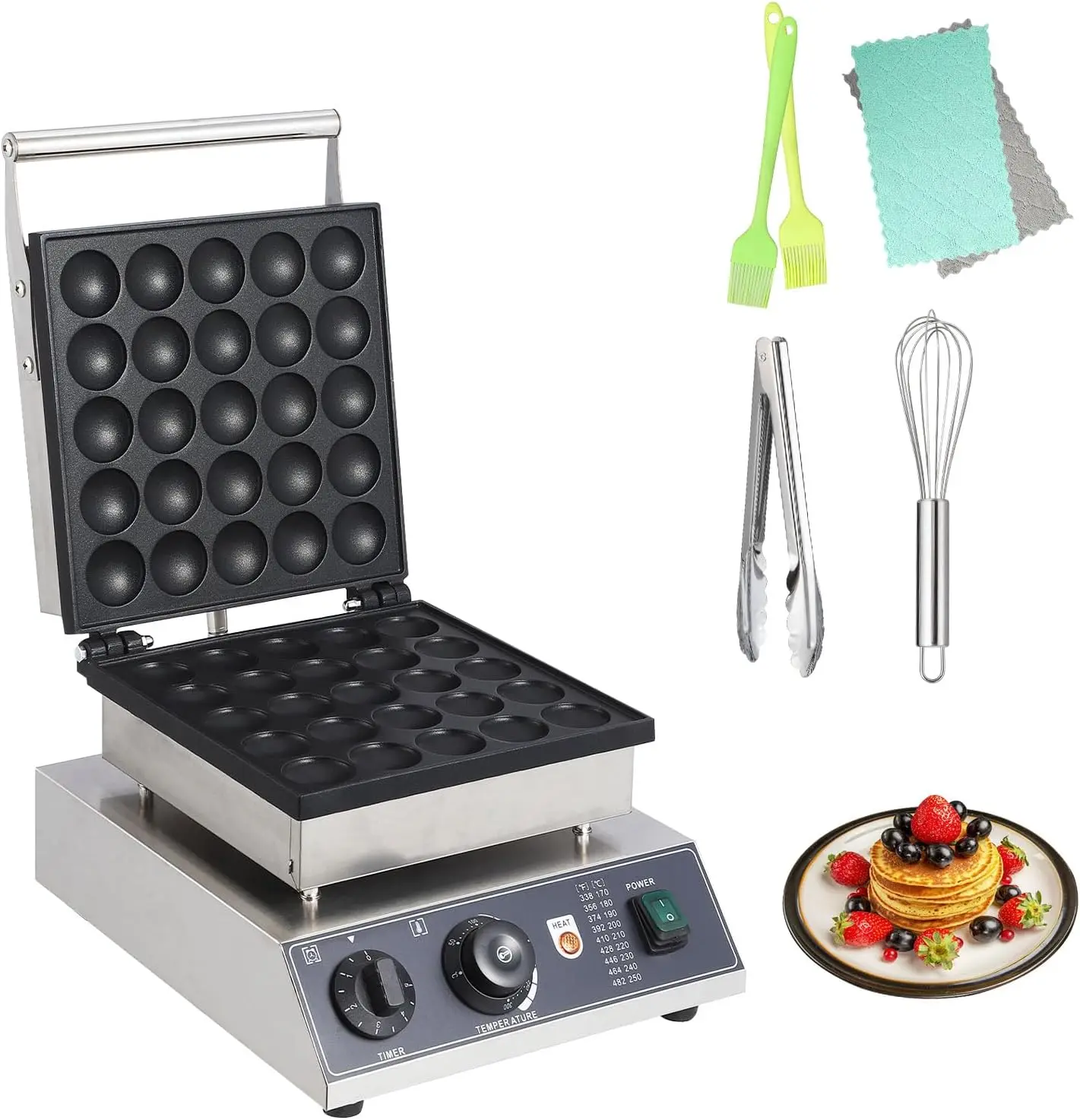 Commercial Round Muffin Maker 25 Hole Flip Top Non-Stick Waffle Maker Stainless Steel 110V Temperature and Time Control Heart Belgian Waffle Maker Ideal for Restaurant, Snack Bar and Home Use