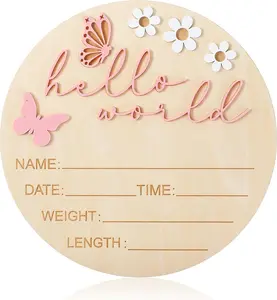 Hello World  Sign, 5.9 Inch Wooden  Announcement Sign  Butterfly Style Birth Welcome Board for  Boys Girls Photo Props  Shower   ()