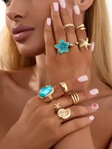 10 Piece Set Vacation Style Starfish Blue Drip Flower Scallop Geometric Multi-Element Open Rings Stackable Rings Stacking Ring Set Alloy Flower Ring Set Polished Finish