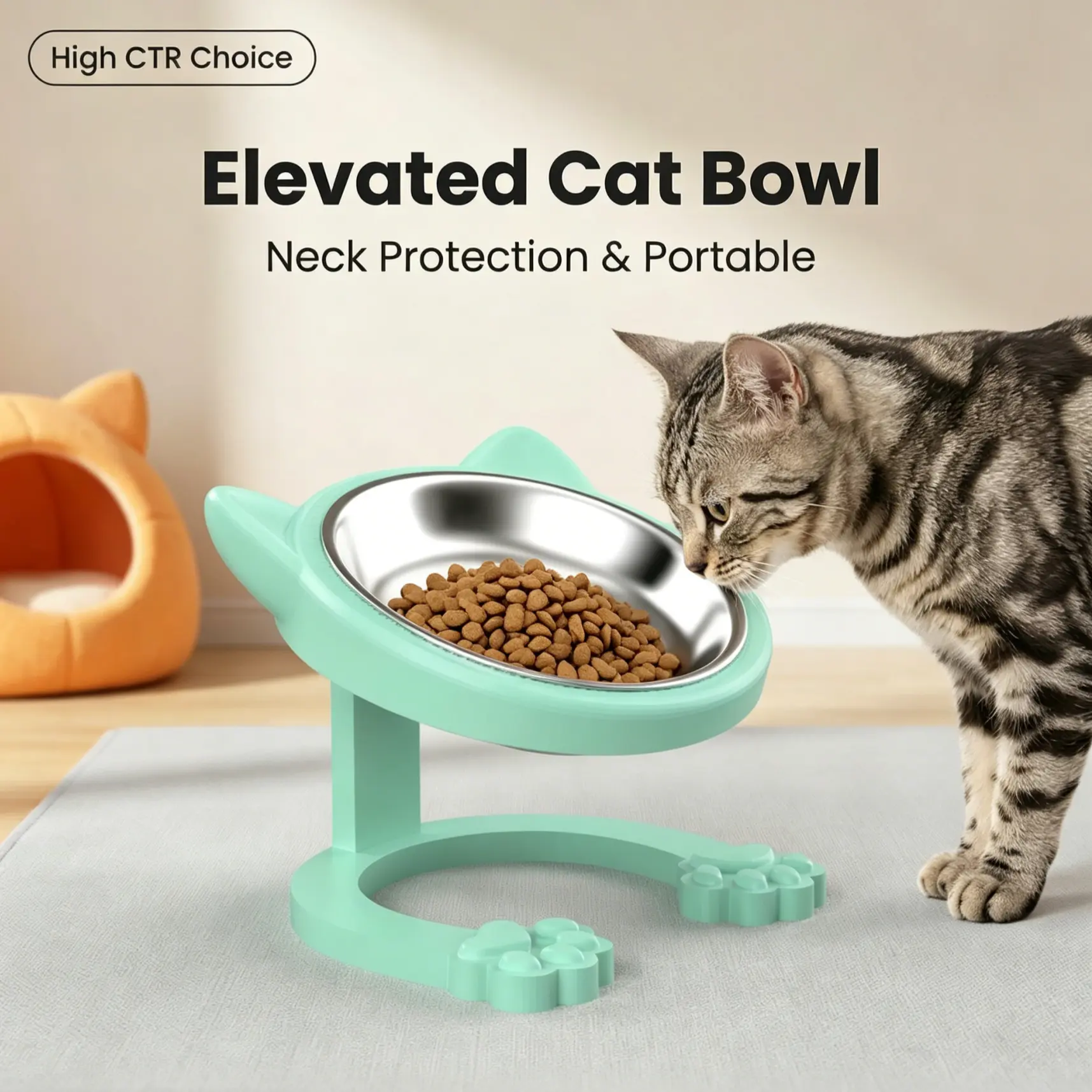 316 Stainless Steel Elevated Tilted Cat Bowl - Whisker-Friendly Neck Protection Raised Feeder with Anti-Slip Paw Stand, Elevated Slow Feeder, Portable Bowl for Visits and Trips, Smooth Steel Surface Wipes Clean Fast, Stays Put on Floor for Senior Cats, Le