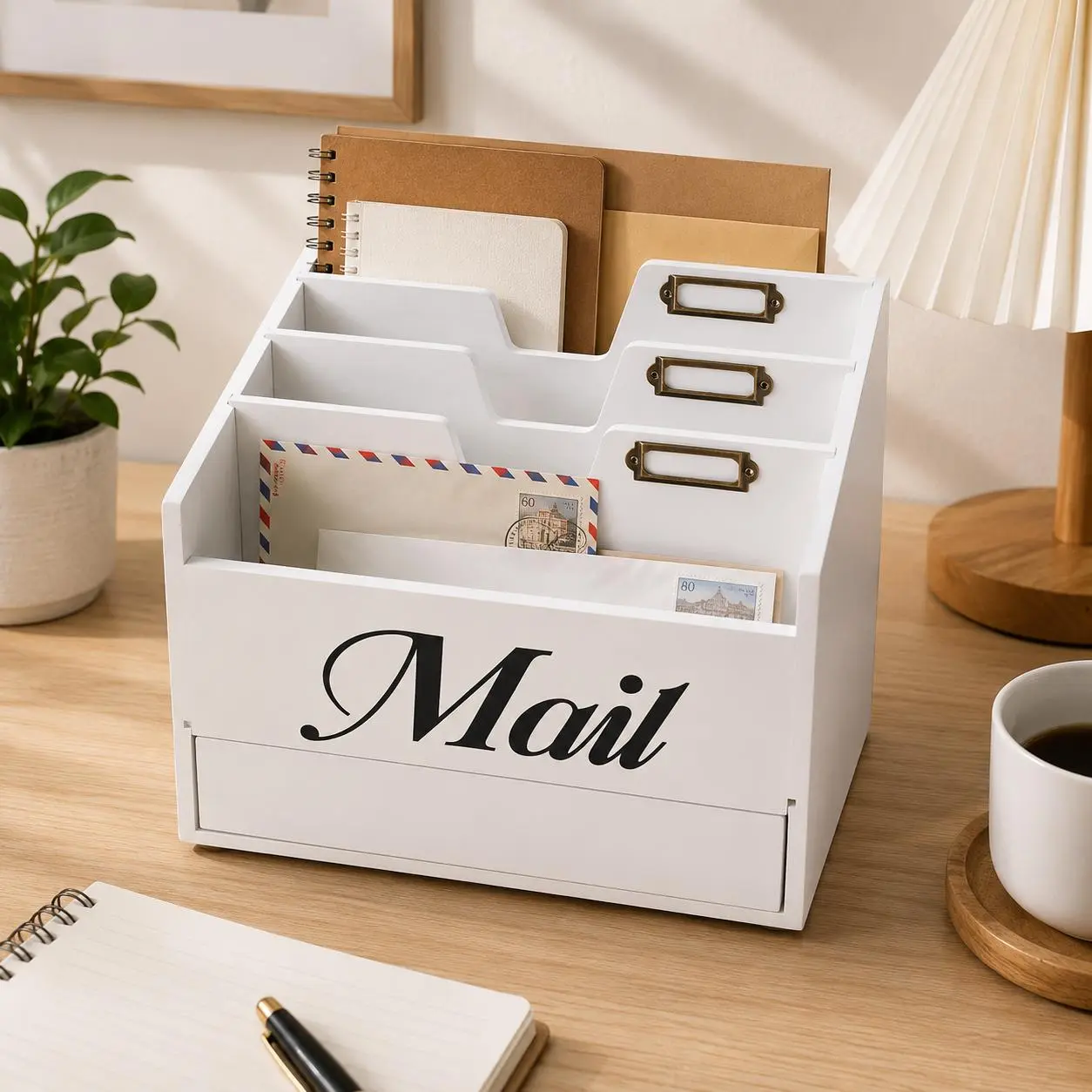 Wooden Mail Organizer with Drawer, 4 Slot Desktop File Organizer for Letters, Bills, Documents & Office Supplies