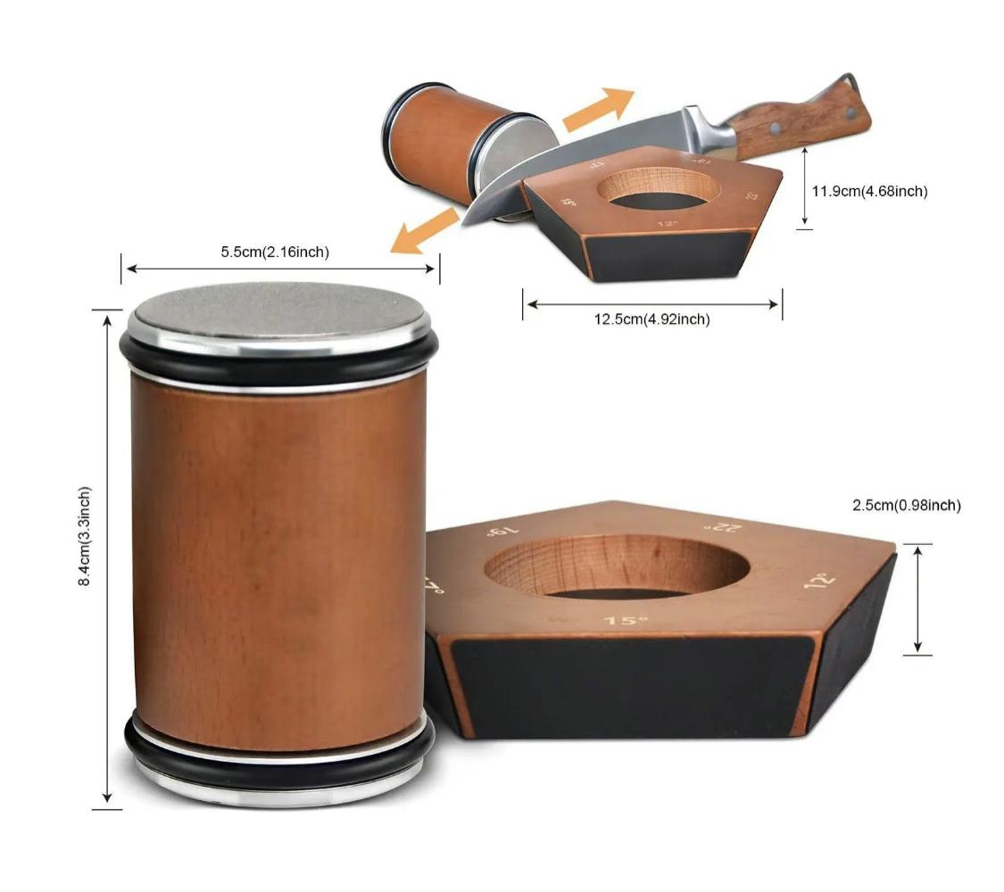 Magnetic roller knife sharpening set, wooden handle sharpening stone, including 1 base and 1 sharpener, equipped with diamond and ceramic sharpening discs, small kitchen knife sharpener with adjustable angles of 15°/20°