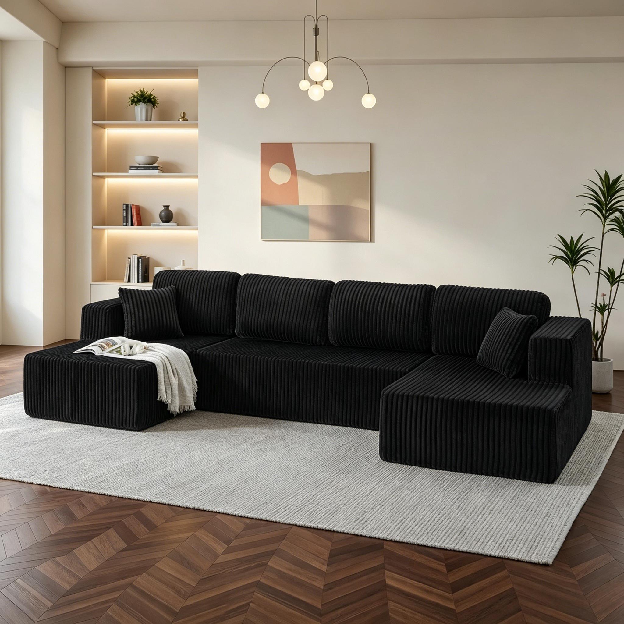 [2-3Packages] Niccae 132-Inch U-Shaped Memory Foam Sectional Sofa — An oversized modular design offering "cloud-like" comfort; features deep seating and compressed corduroy fabric, combining space-saving capabilities with a convertible sleeper function.