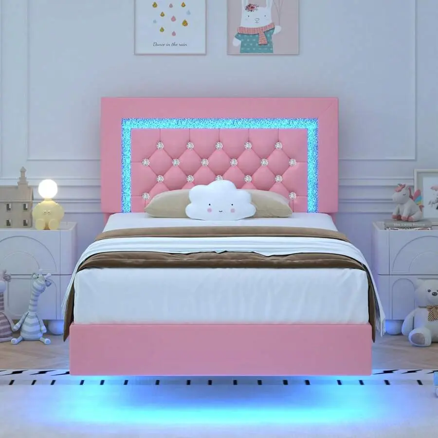 LED  Frame With Diamond Headboard, Floating Upholstered  Frame With Diamond Tufted Headboard, Modern  Frame With Strong Wood Slats Support, No Box Spring Needed, Easy Assembly, Twin/ Full/ Queen, Pink/ White/ Black *  Frame Queen bed