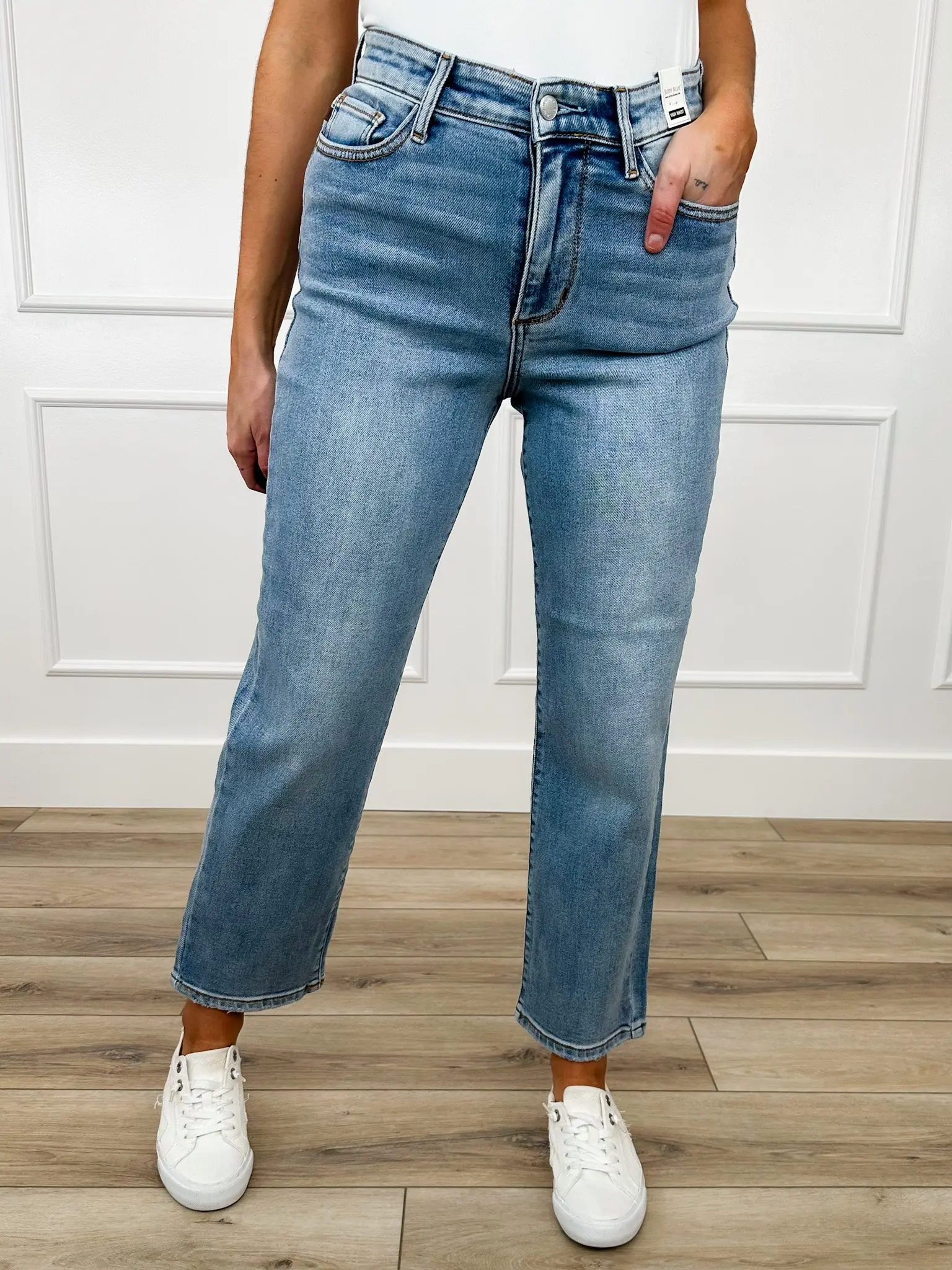 Judy Blue Bianca High-Rise Ankle Straight Leg Jeans | Stretchy Tummy Control Fabric | Women's Light Wash Non-Distressed Everyday Pants, Soft, Denim, Bottom, Tummy Panel, Smooth Support, Polyester, Spandex, Cotton, Basic, Comfortable, Jean Pants, Clothes,,