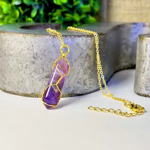 Amethyst Crystal Point Necklace – Wire Wrap Pendant – Raw Gemstone Necklace – Crystals for Calm & Intuition