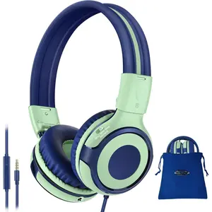 Manyshare Series- Wired  Headphones with Mic for Tablet iPad Laptop, Volume Limit Headphones for  with Share Port for Boys Girls, Durable Green Headset for Travel Airplane  School