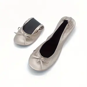 Women's Portable Ballet Flats, Bowknot Rollable Soft Sole Wedding Flat Shoes, Comfy Dancing Flat Shoes With Purse Bag