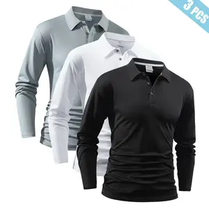 3 breathable long-sleeved polo shirts for men, suitable for running, fitness, golf, leisure sports, spring and autumn.