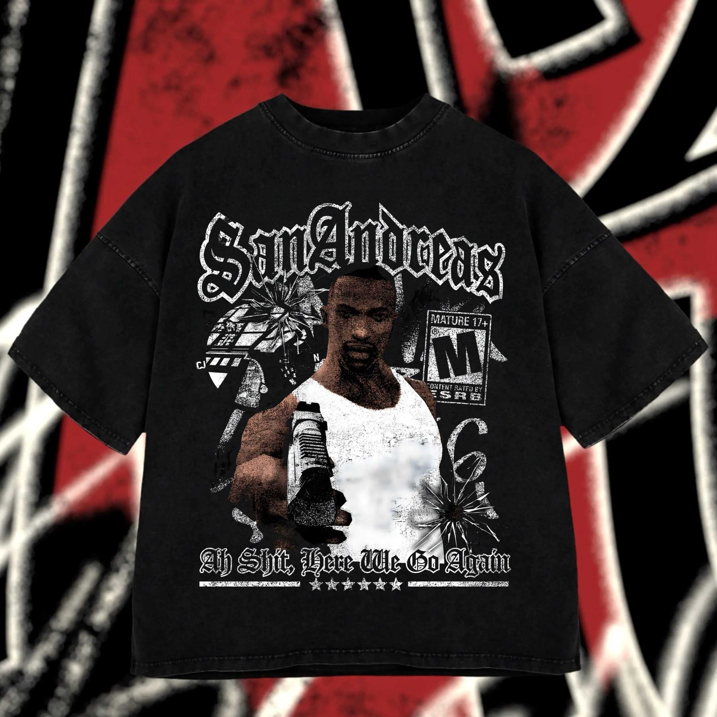 Vintage "Ah Shiit, Here We Go Again" Vintage Tee, GTA San Andreas Shirt, Retro Bootleg Wash Tee, Meme Gmae Shirt, Shirt for Gamer, Streetwear Summer Crewneck Casual Menswear