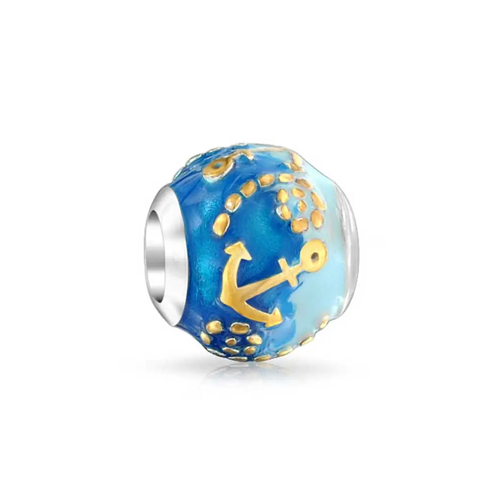 .925 Sterling Silver Tropical Nautical Ocean Blue Waves Anchor Charm Bead 14K Gold Plated