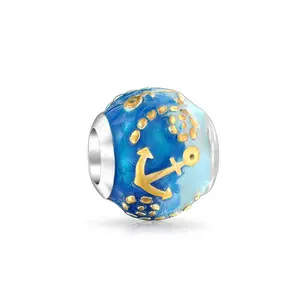 .925 Sterling Silver Tropical Nautical Ocean Blue Waves Anchor Charm Bead 14K Gold Plated