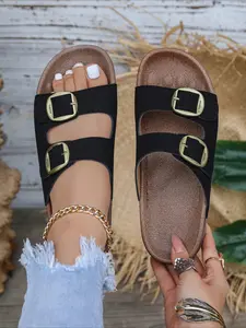 2026Women's Slide Sandals, Fashion Flat Open-Toe Slippers with Gold Chain & Adjustable Buckle, Comfortable Summer Slip-On Sandals for Daily/Beach/Outdoor Use