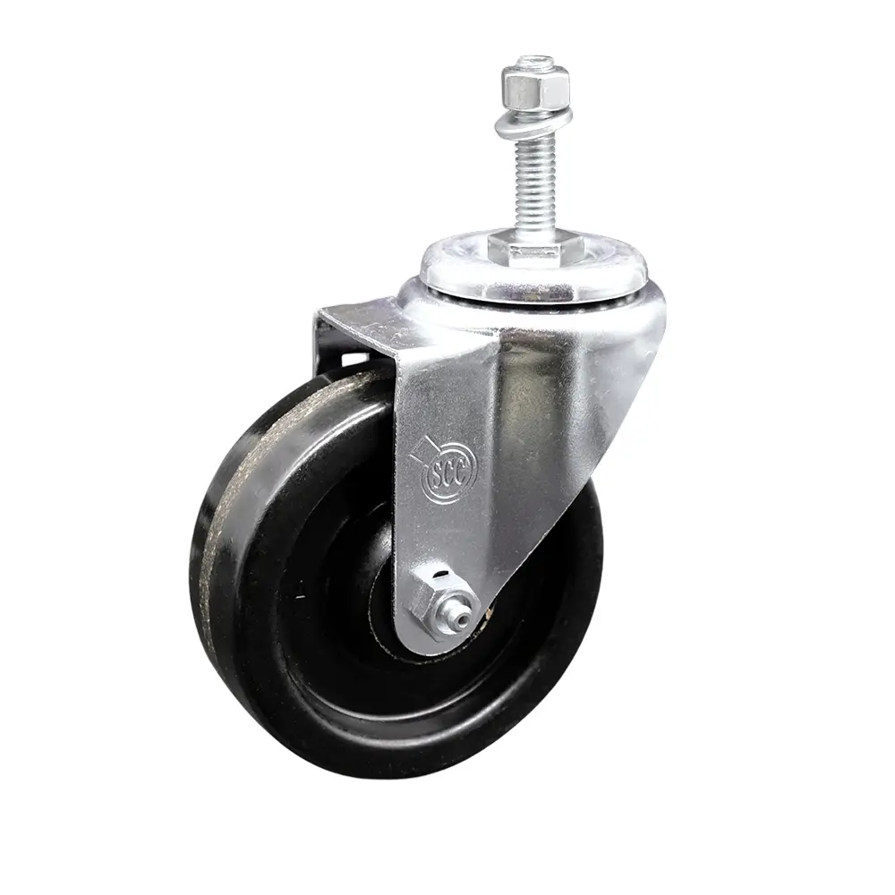Service Caster SCC-TS20S414-PHS-381615 Phenolic Swivel Threaded Metal Caster, 4x1.25 in Black Wheel, 0.38 in Zinc-Plated Stem, Ball Bearing, 300 lbs Load Capacity, High Impact Resistance, Floor Protection for Carts, Material Handling, Shop Projects