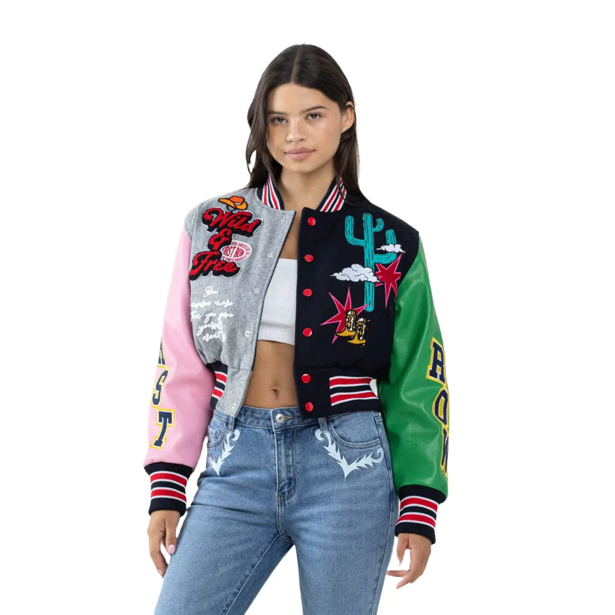 FIRST ROW: WILD AND FREE CROPPED VARSITY JACKET