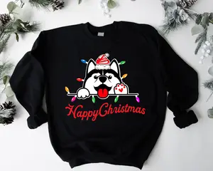 Husky Christmas Sweatshirt, Happy Christmas Sweater, Dog Christmas Hoodie, Dog Lover Gift Sweatshirt, Pet Owner Long Sleeve, Christmas Light Sweatshirt.