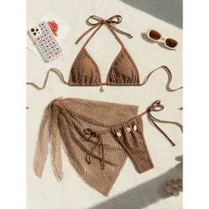 Solid Color Mesh Shell-Embellished Bikini Set, Ethnic Boho Style Sexy Swimsuit With Tie Closure For Beach Vacation summer outfits