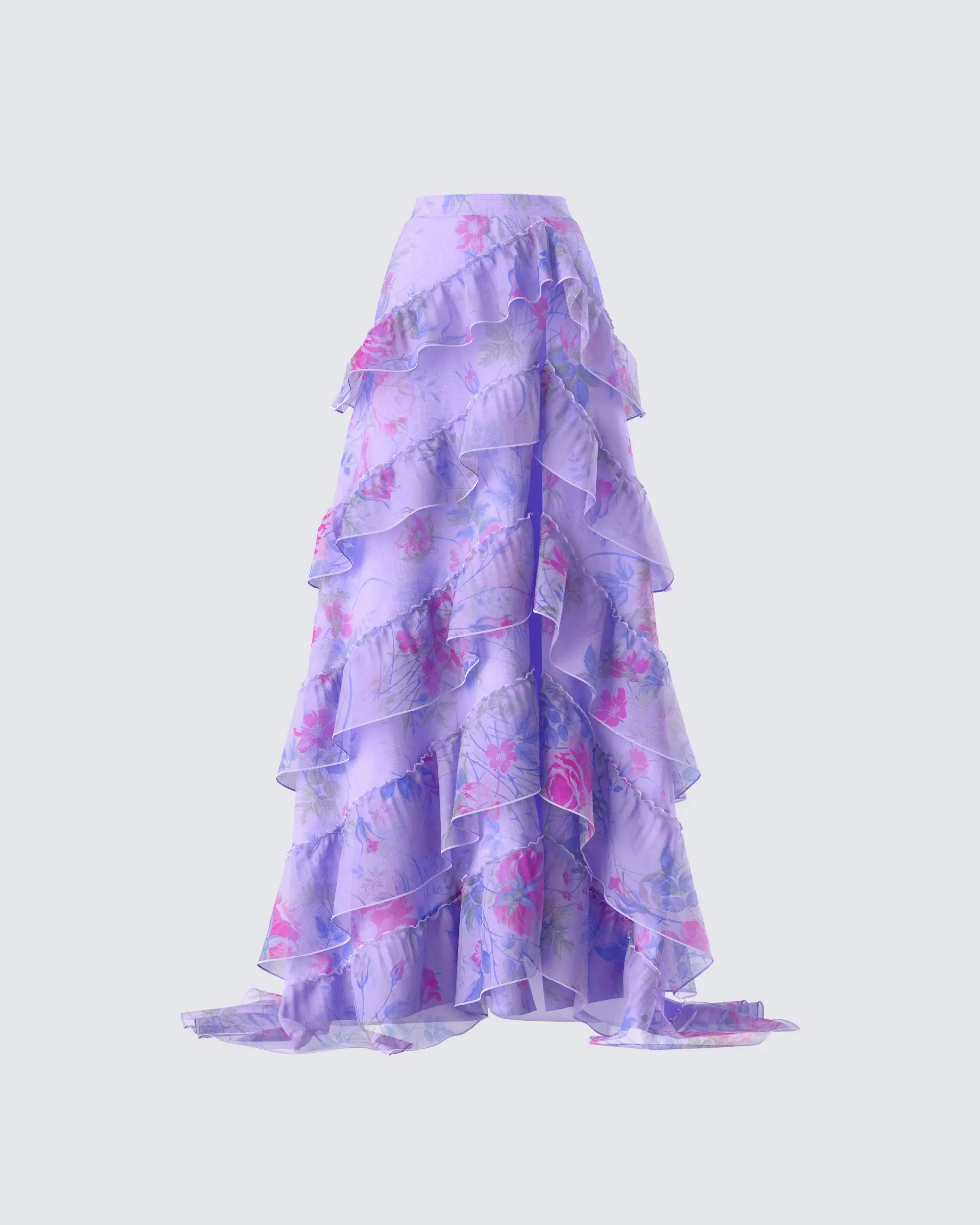 Women's Fitted Waist Purple Organza Floral Print Tiered Ruffle Waterfall Asymmetric High-Low Maxi Bottom Skirt