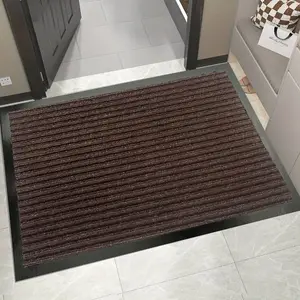 1pc Modern Striped Door Mat, Thick Durable Non-Slip PVC Backing, Pure Color Stripe Courtyard Door Pad, Outdoor Kitchen Garage Hallway Use,Brown