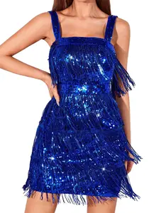 Women Sequin Fringe Tassel Evening Party Prom Cocktail Homecoming Concert Blue Dress