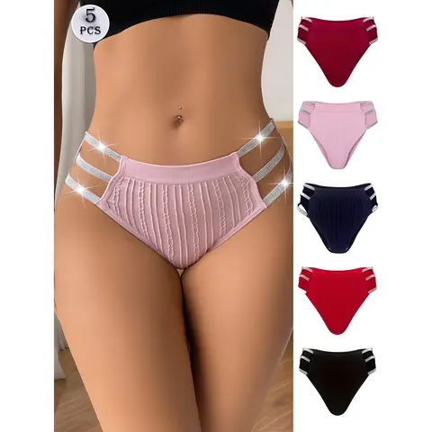 Junella-JFN Women's 5-Pcs Panty Set, Bikini-Style Underwear with Shiny Waistband, Hollow Cutout, Lace-Edge Detail, High-Elastic Expandable Fit, 5% Elastane Flex, Breathable Cotton, Mature Elegant Daily Wear