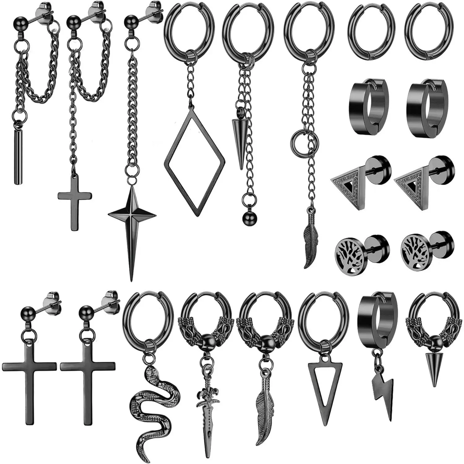 MILACOLATO 22 Pcs Stainless Steel Hinged Huggie Hoop Earrings Dangle Earrings for Men Punk Long Chain Stud Snake Feather Sword Dangle Kpop Earrings for Men Black and Sliver Tone Daily