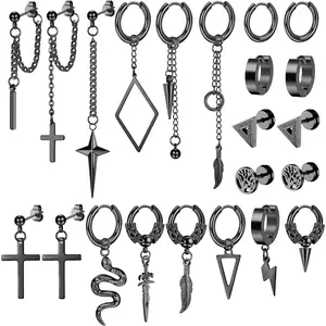 MILACOLATO 22 Pcs Stainless Steel Hinged Huggie Hoop Earrings Dangle Earrings for Men Punk Long Chain Stud Snake Feather Sword Dangle Kpop Earrings for Men Black and Sliver Tone Daily