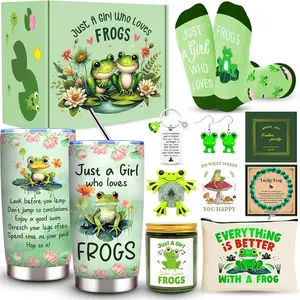 Frog-Themed Gift Set for Women - 20 Oz Green Vacuum Tumbler, Makeup Bag, Candle, Socks, Hair Tie, Bracelet, Earrings, Keychain, Card, Heat Resistant Gloves - Birthday, Christmas Gifts