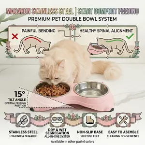 15° Tilted Stainless Steel Double Cat Bowl, Ergonomic Neck-Protecting Pet Feeder with Non-Slip Base, Easy-Clean Macaron Pastel Bowls for Cervical Relief (34x18x8.5cm) water dog
