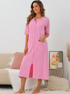 INSPIRE CHIC Zipper Robe Long Sleeve Loungewear Housecoat Midi Nightgown with Pockets